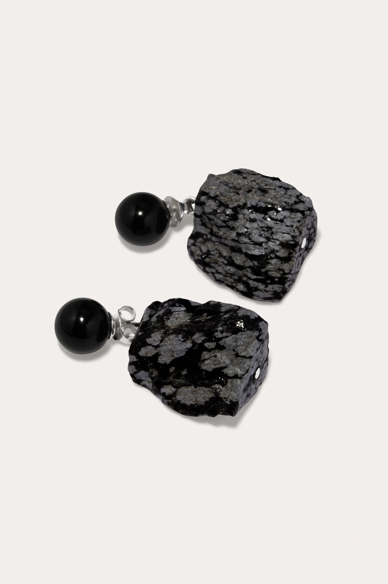 Pair of earrings with black spherical beads and gray stone-like designs on a white background