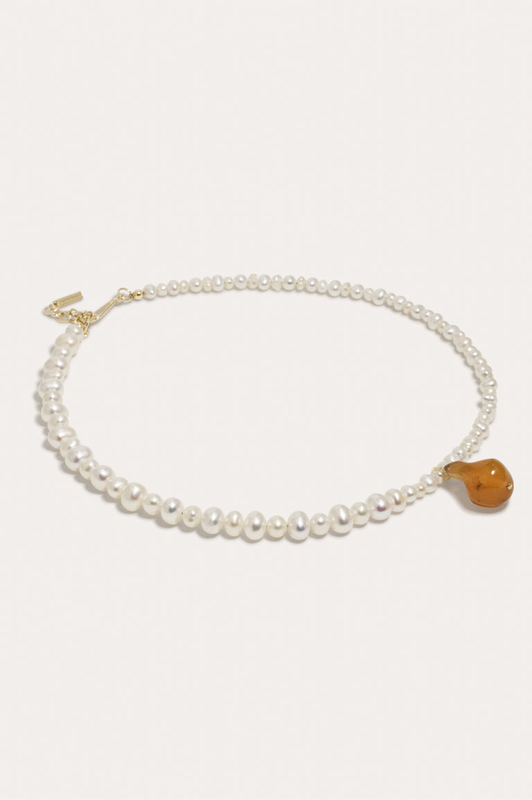 P105 - Pearl and Tortoise Shell Bio Resin Gold Vermeil Necklace