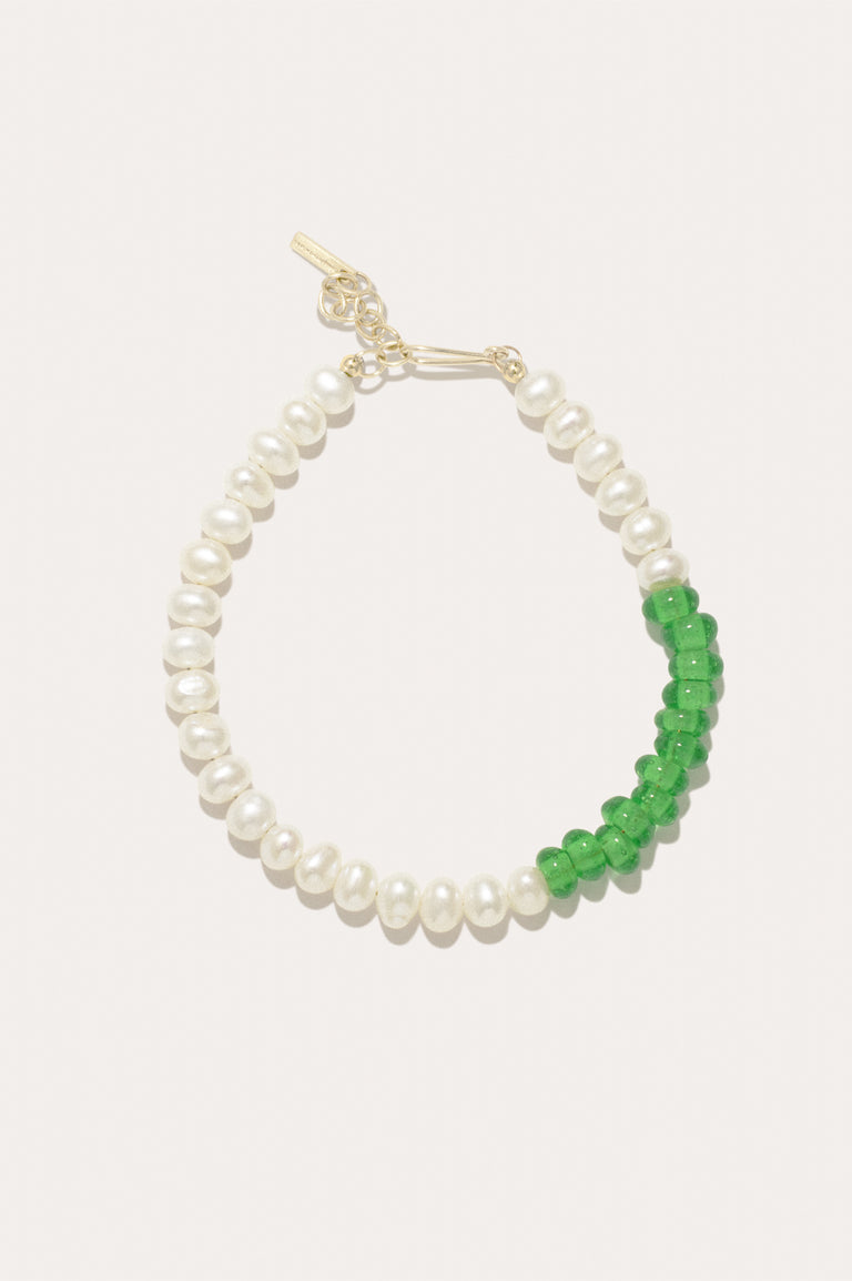 P115 - Pearl and Recycled Green Glass Bead Gold Vermeil Bracelet