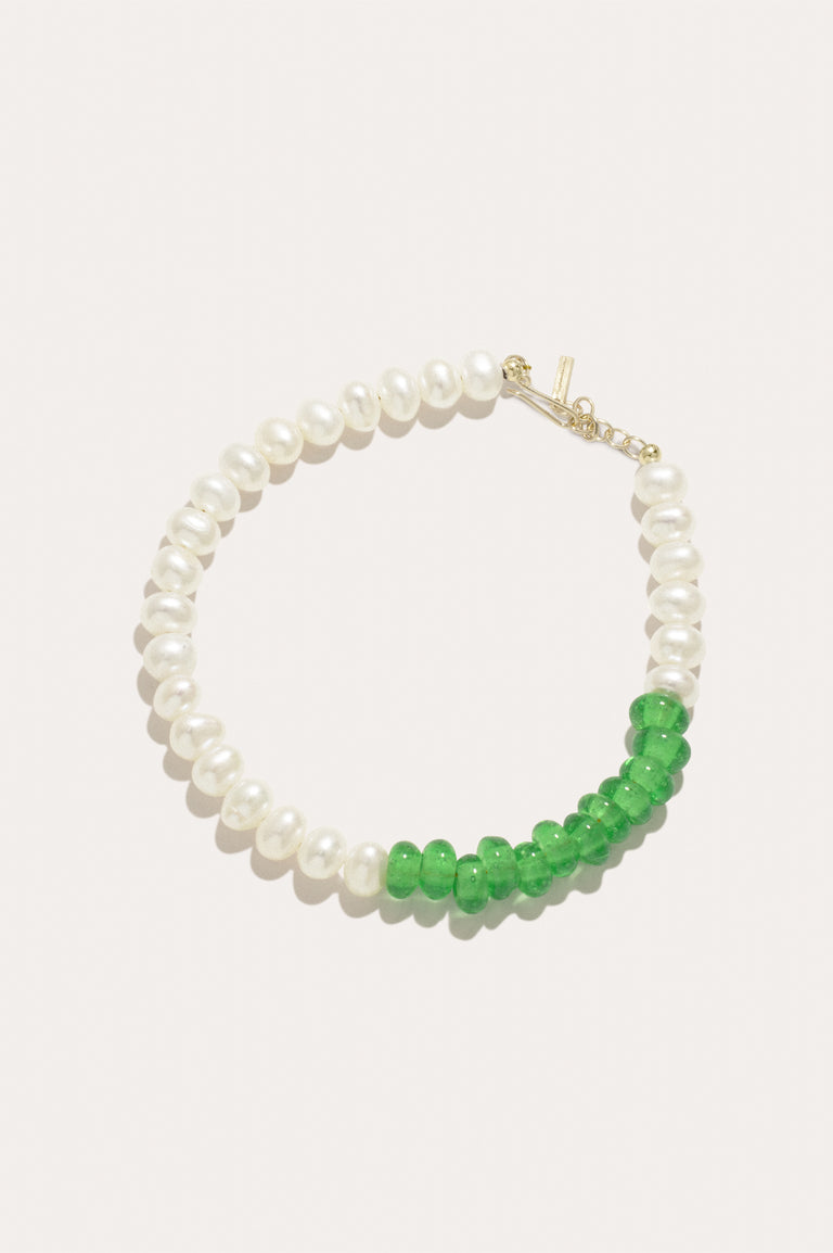 P115 - Pearl and Recycled Green Glass Bead Gold Vermeil Bracelet