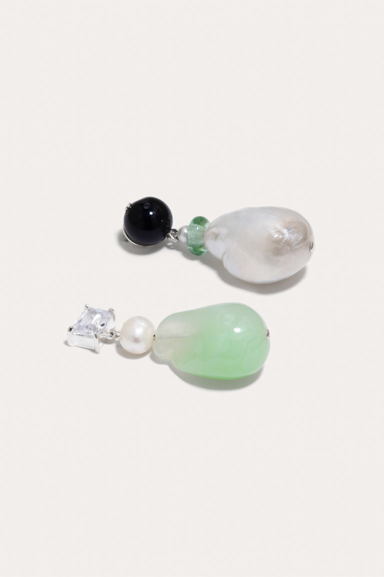 Peat - Pearl, Onyx, Glass Bead, Bio Resin and Zirconia Recycled Silver Earrings