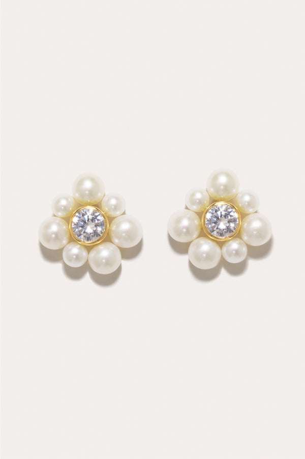 Boucles d'oreilles Pissenlit en vermeil d'or recyclé, perles et oxydes de zirconium