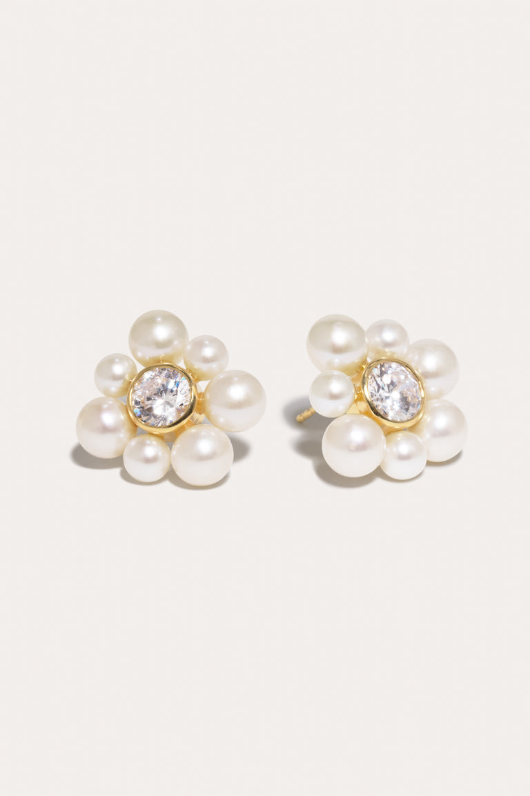 Boucles d'oreilles Pissenlit en vermeil d'or recyclé, perles et oxydes de zirconium