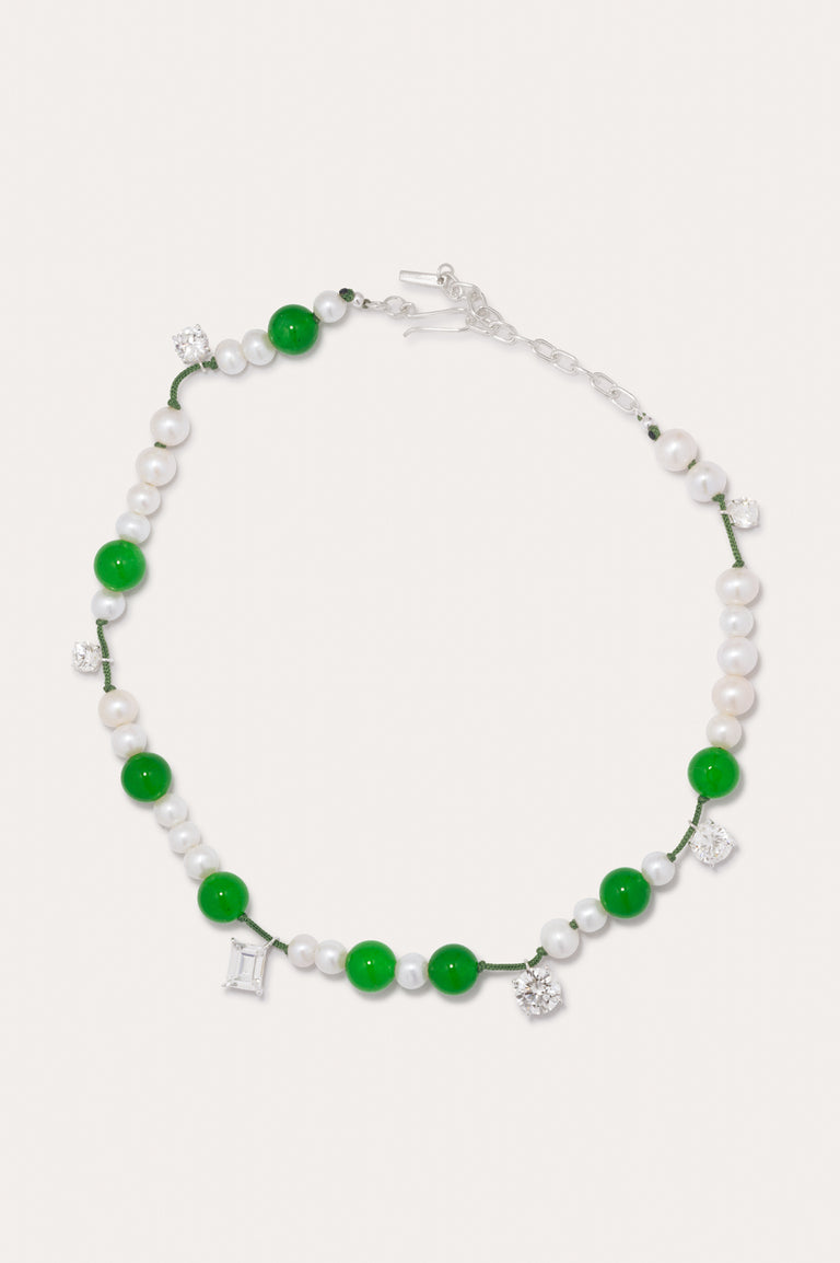 P212B - Pearl, Zirconia and Green Quartz Recycled Silver Necklace