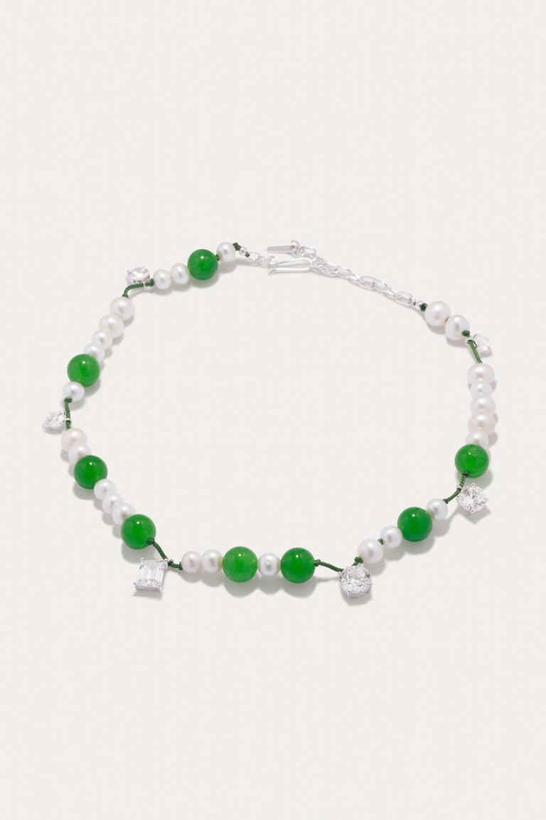 P212B - Pearl, Zirconia and Green Quartz Recycled Silver Necklace