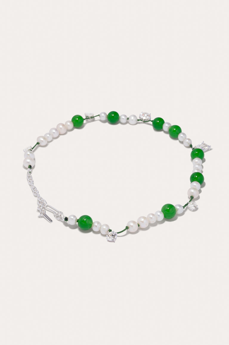 P212B - Pearl, Zirconia and Green Quartz Recycled Silver Necklace