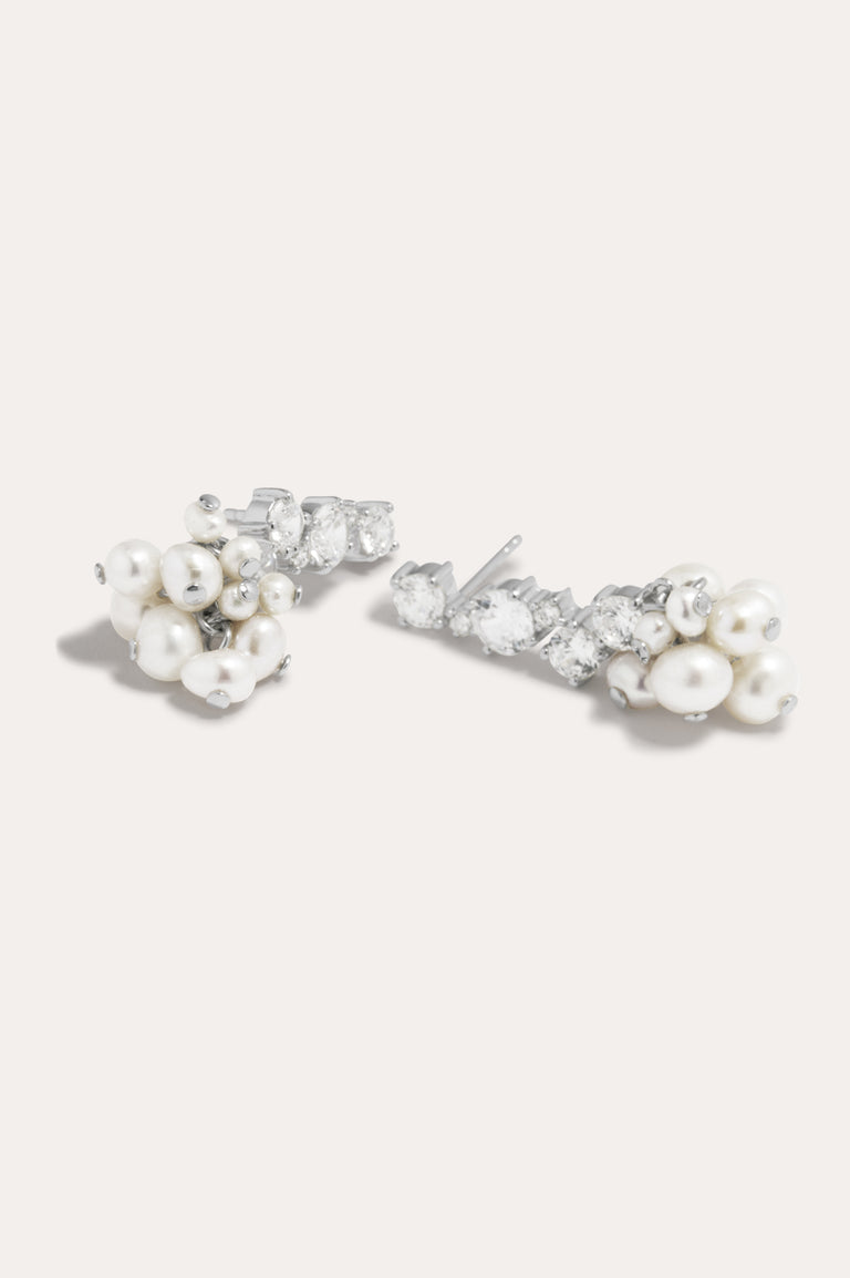 P218 - Pearl and Zirconia Recycled Silver Earrings