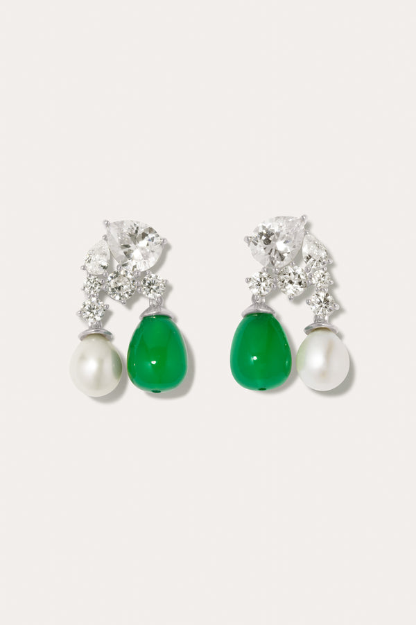 P230 - Boucles d'oreilles en argent recyclé ornées de perles, de zircons et de quartz vert