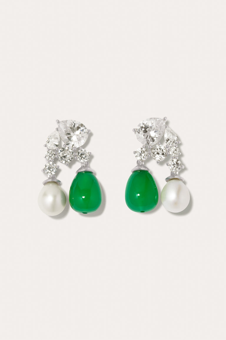P230- Pearl, Zirconia and Green Quartz Recycled Silver Earrings