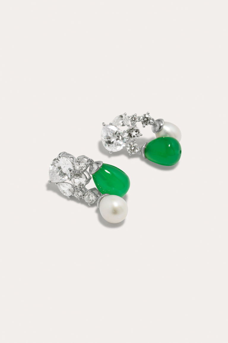 P230 - Boucles d'oreilles en argent recyclé ornées de perles, de zircons et de quartz vert