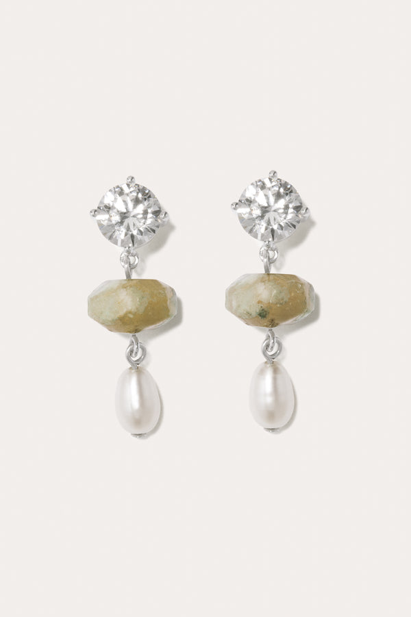 P254 - Boucles d'oreilles en argent recyclé avec perles, zircon et agate fleur de cerisier olive
