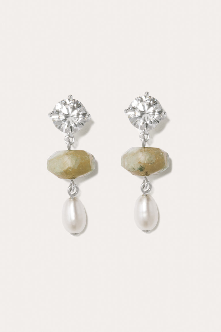 P254 - Boucles d'oreilles en argent recyclé avec perles, zircon et agate fleur de cerisier olive