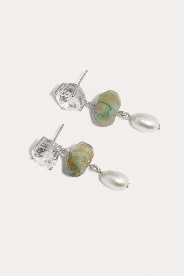P254 - Boucles d'oreilles en argent recyclé avec perles, zircon et agate fleur de cerisier olive