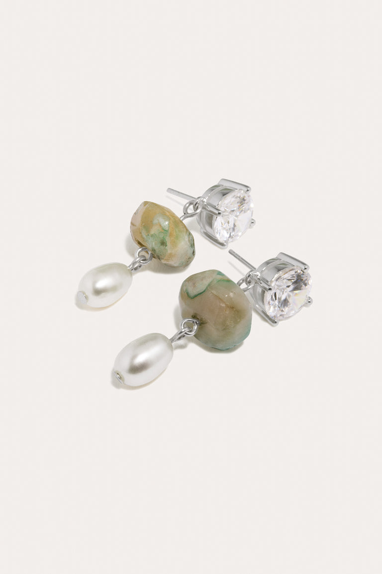 P254 - Boucles d'oreilles en argent recyclé avec perles, zircon et agate fleur de cerisier olive