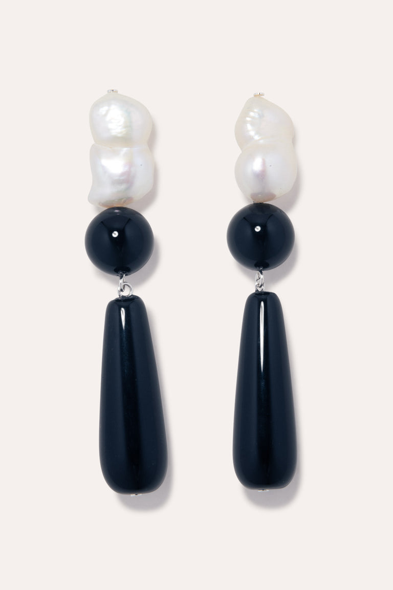 Tarn II - Pearl and Black Onyx Recycled Silver Earrings