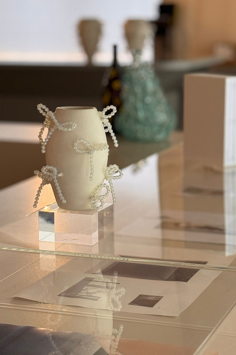 "Notsobig" Power, Corruption, Lies - Small Vase In Matte White w/ Iridescent Opalite Bows