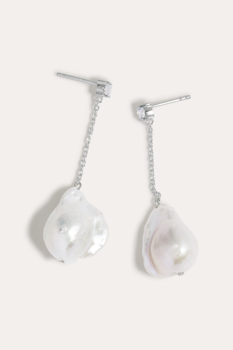 Suspended Boulder - Pearl and Zirconia Recycled Silver Earrings