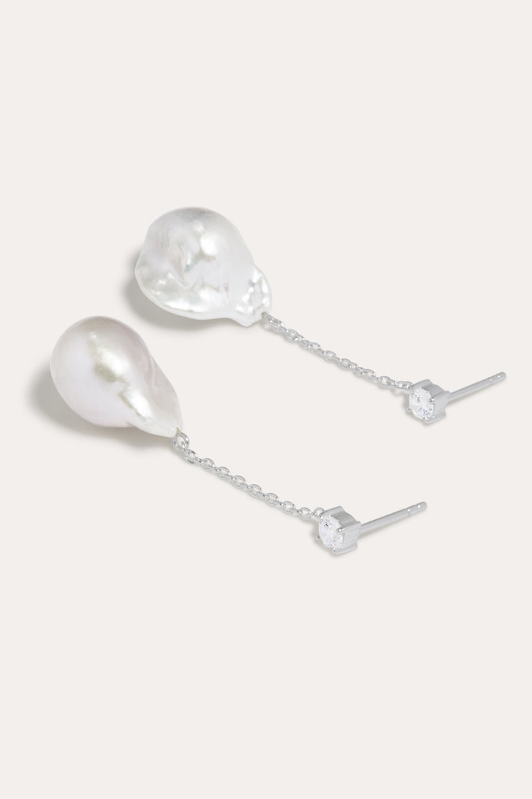 Suspended Boulder - Pearl and Zirconia Recycled Silver Earrings