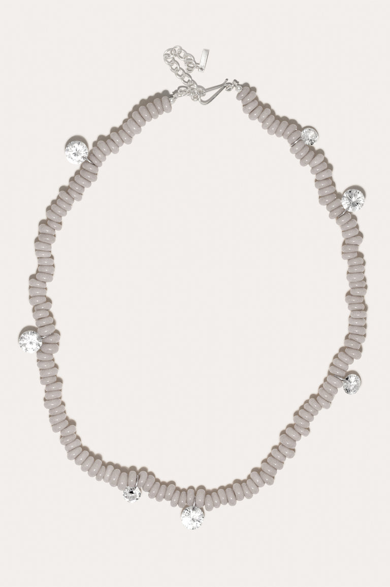 The Clustered Stars - Cubic Zirconia and Grey Glass Bead Rhodium Rhodium Plated Necklace