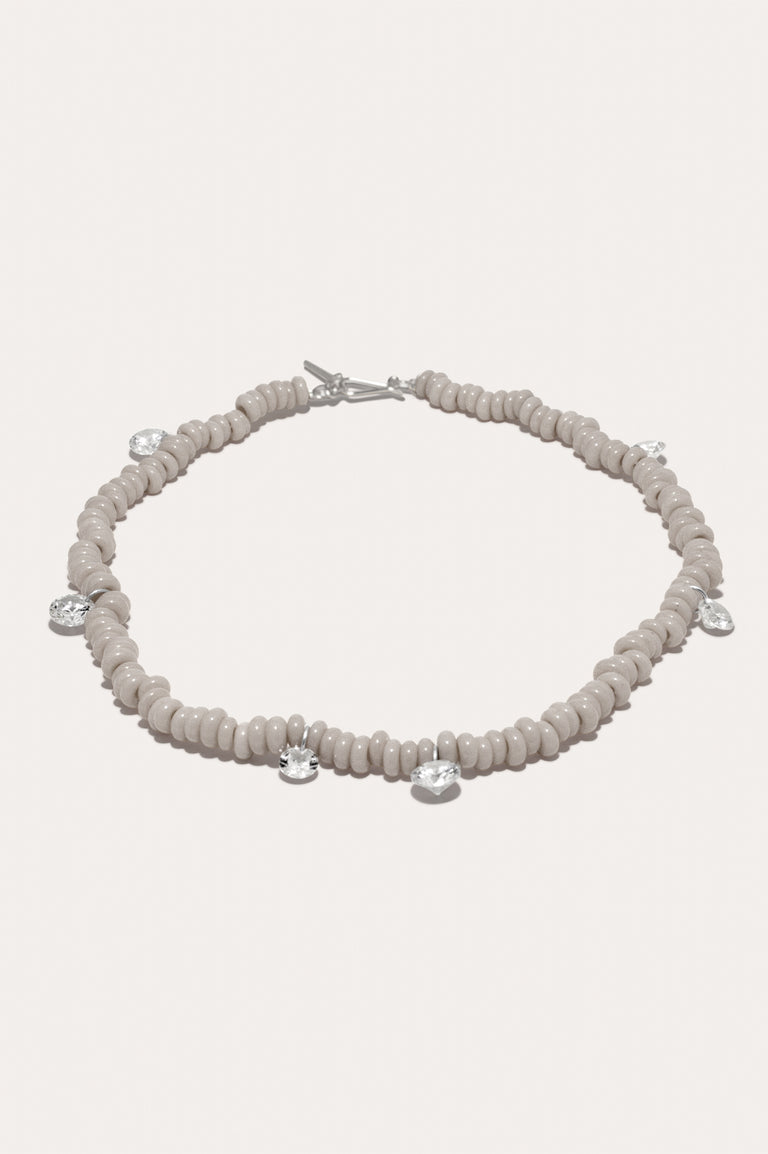 The Clustered Stars - Cubic Zirconia and Grey Glass Bead Rhodium Rhodium Plated Necklace