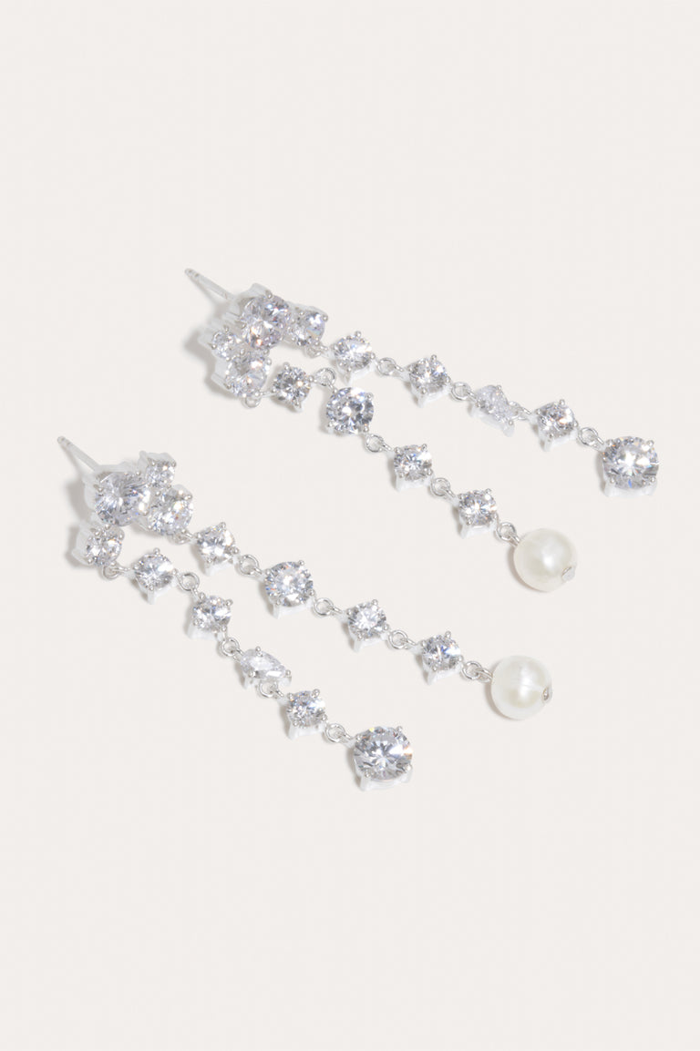 Trickles - Pearl and Zirconia Recycled Silver Earrings