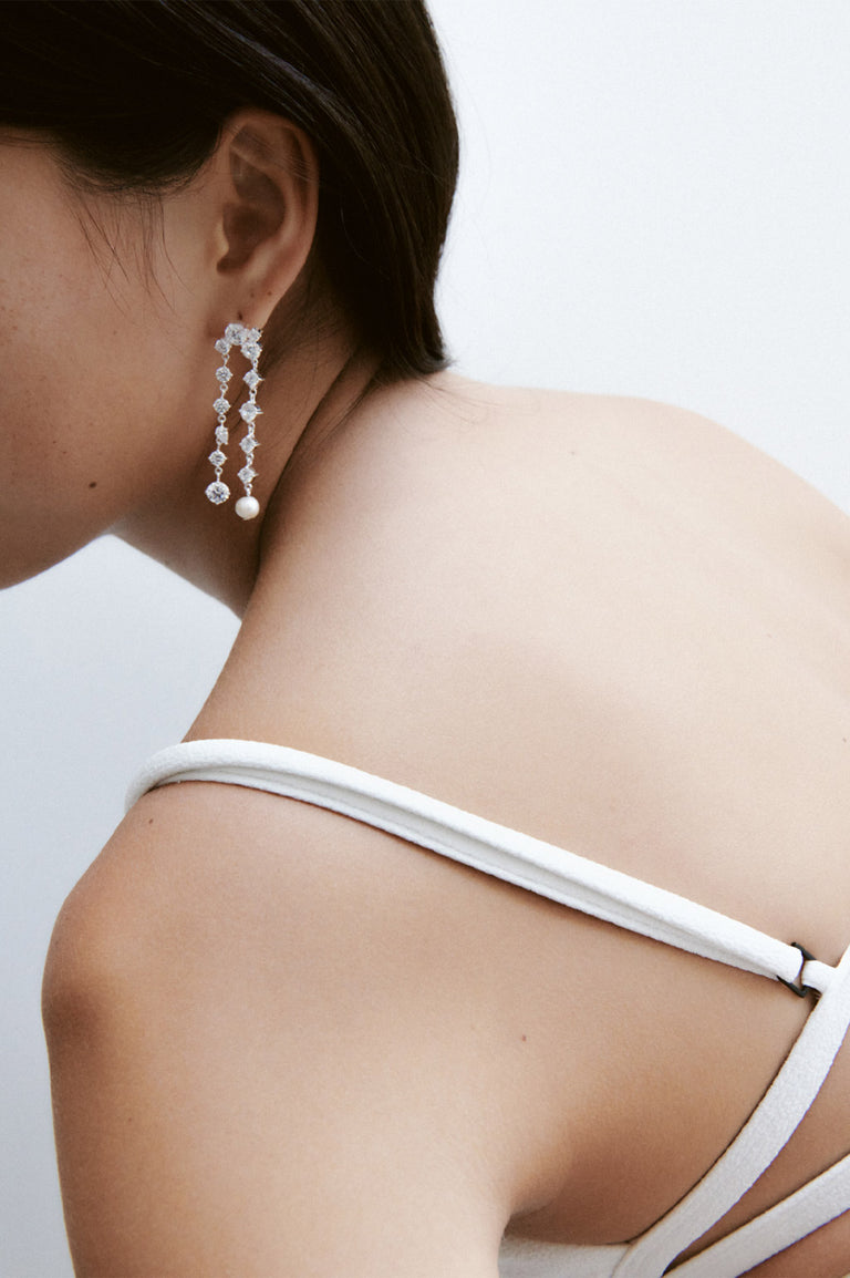 Trickles - Pearl and Zirconia Recycled Silver Earrings