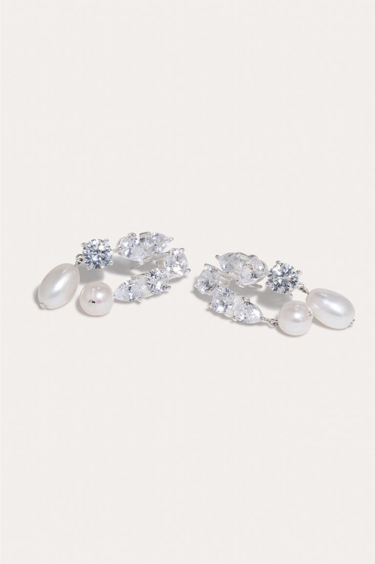 Cascading - Pearl and Zirconia Recycled Silver Earrings