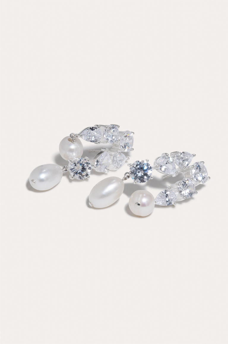 Cascading - Pearl and Zirconia Recycled Silver Earrings