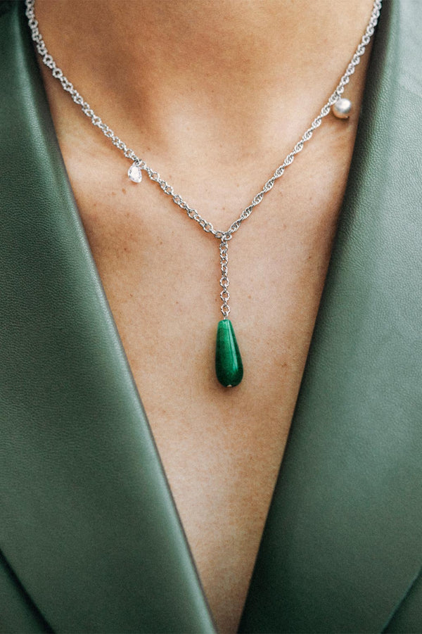 Les Profondeurs du Temps - Collier en Argent Sterling avec Perle, Calcédoine Verte et Zirconia