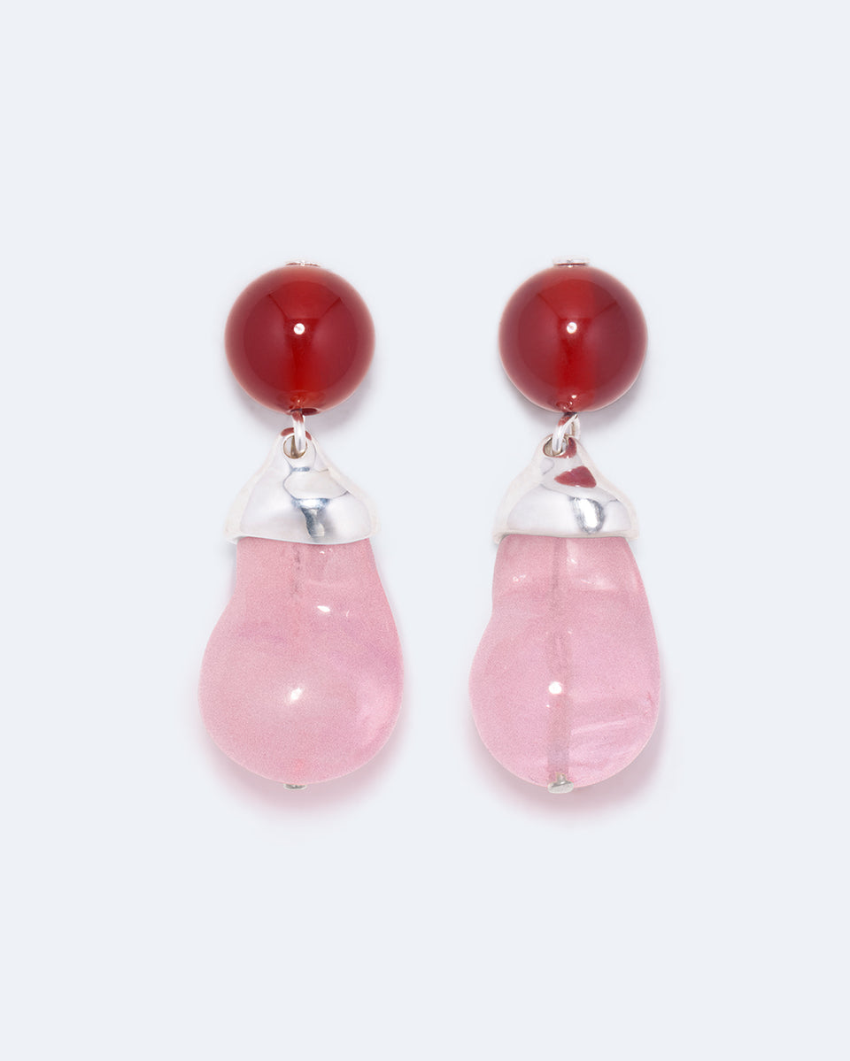 Beak - Boucles d'oreilles en argent recyclé avec résine bio rose et agate dentelle rouge