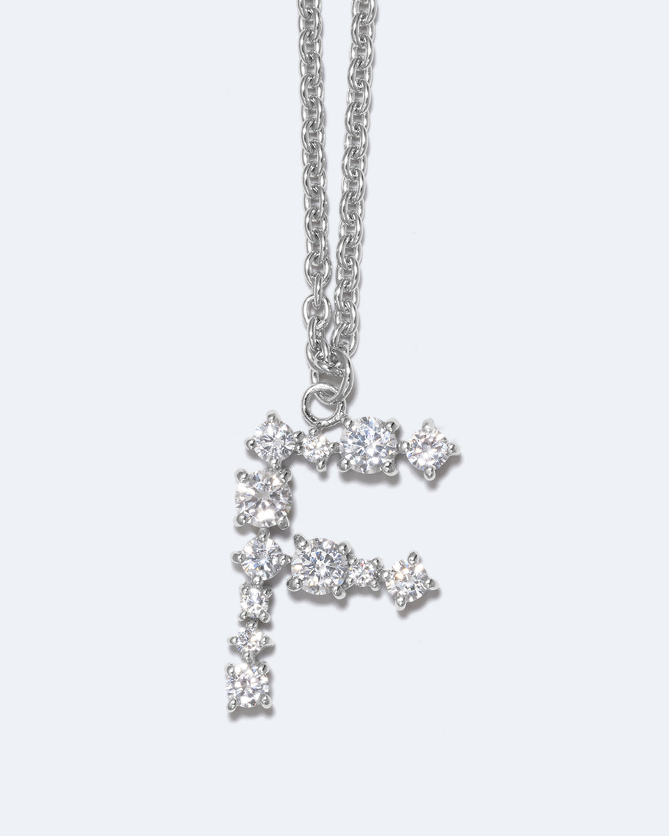 Glitchy F - Cubic Zirconia and Rhodium Plated Pendant