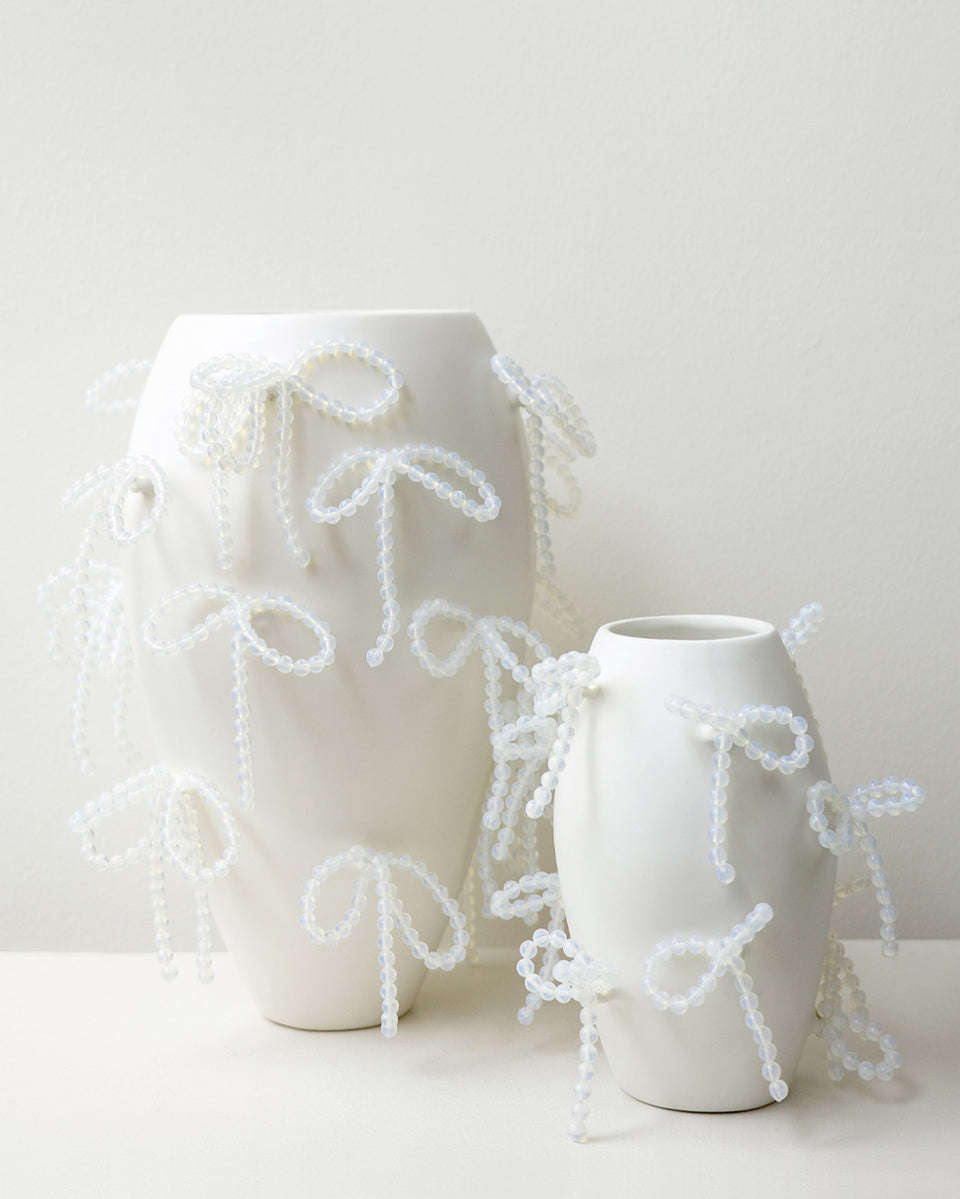 Power, Corruption, Lies - Large Vase In Matte White w/ Iridescent Opalite Bows