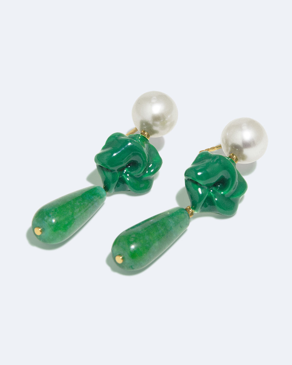 Les Profondeurs du Temps - Boucles d'oreilles en Vermeil d'Or Recyclé avec Perle, Calcédoine Verte et Émail