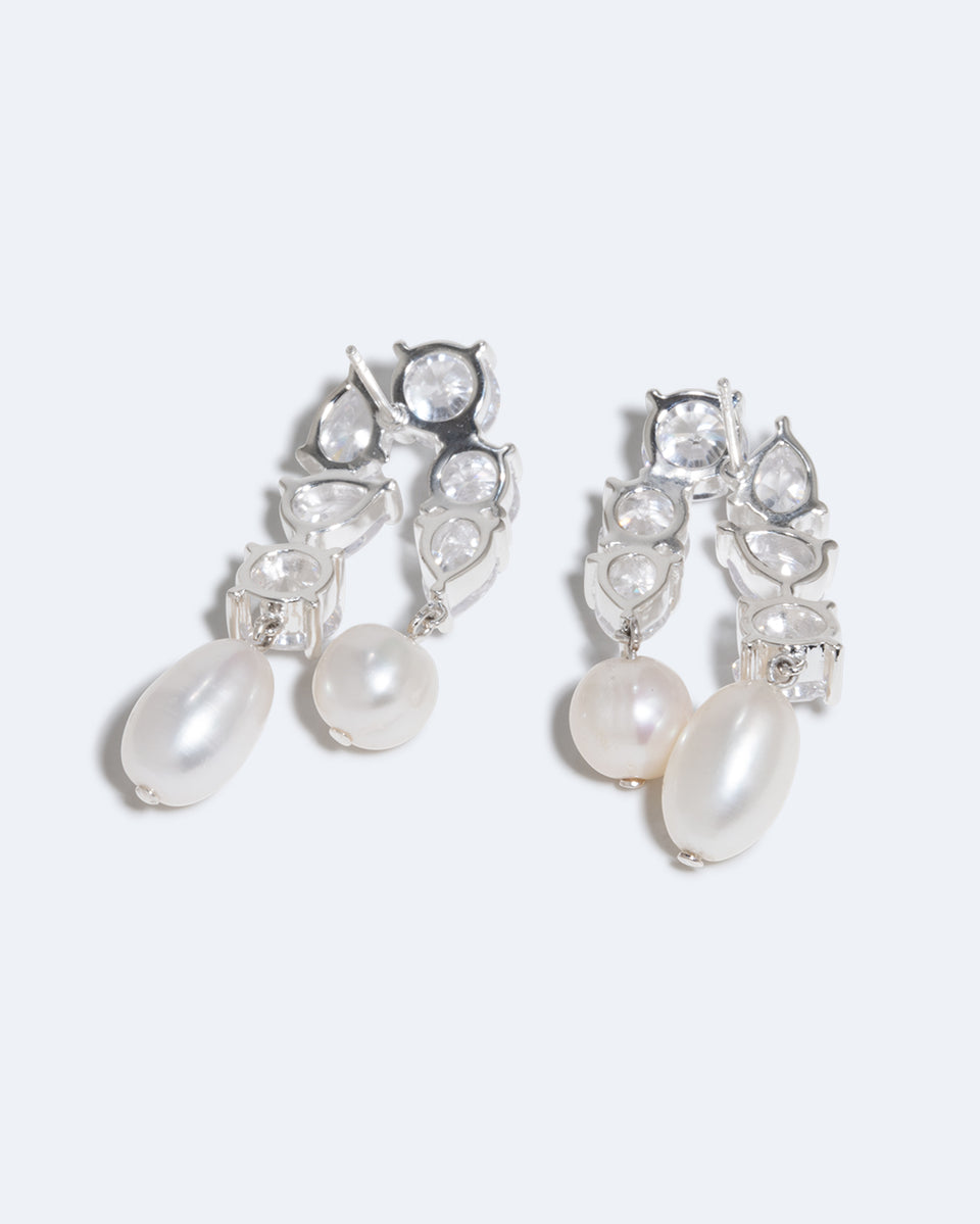 Cascading - Pearl and Zirconia Recycled Silver Earrings