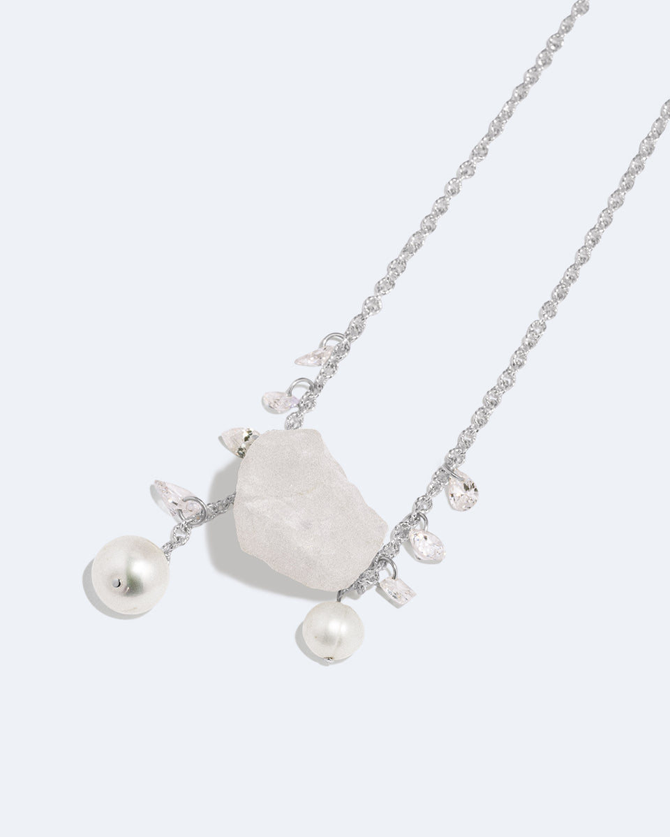 H89 - Collier en argent recyclé perle, oxyde de zirconium et cristal de roche
