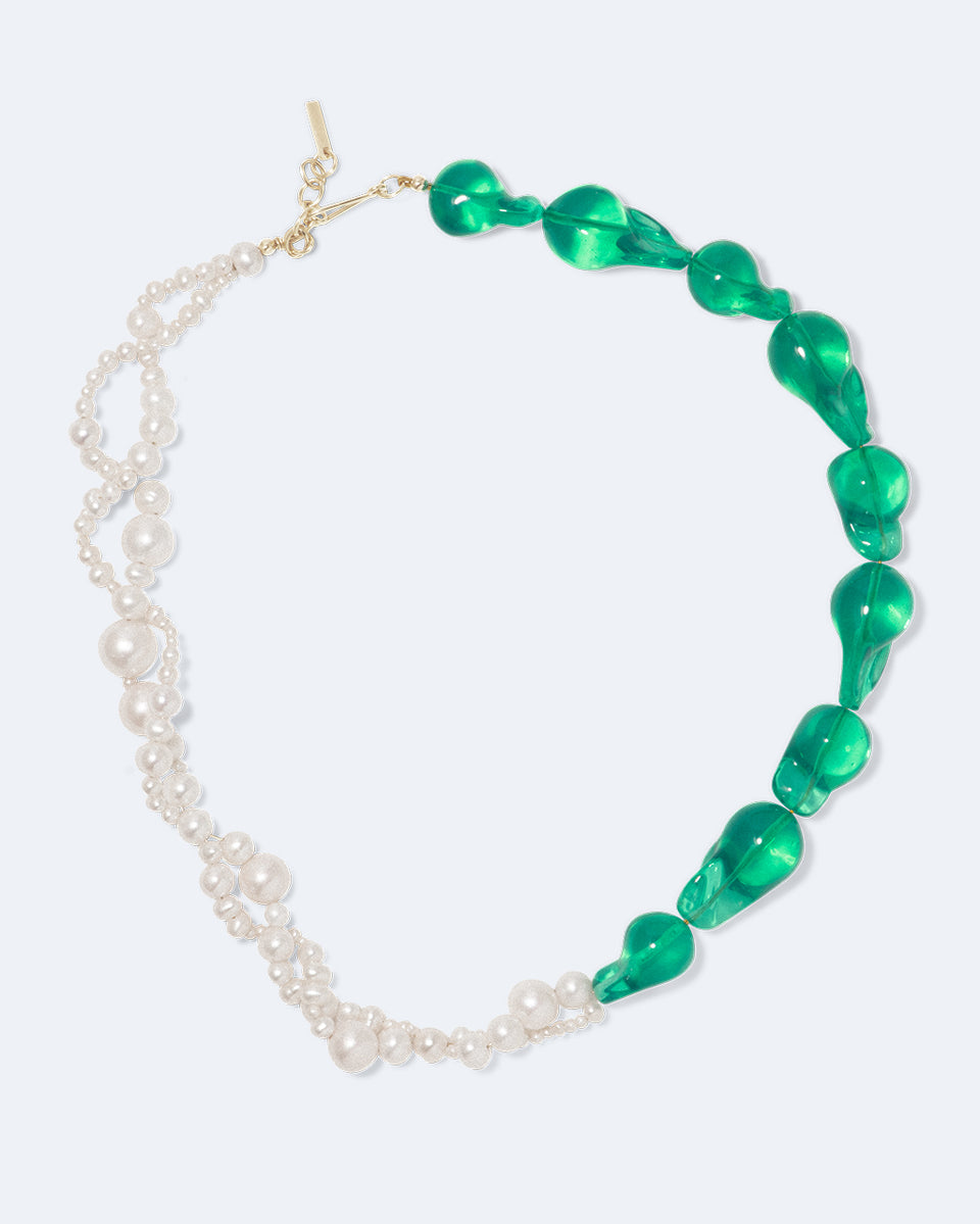 Parade of Possibilities II -  Pearl and Green Bio Resin Gold Plated Necklace