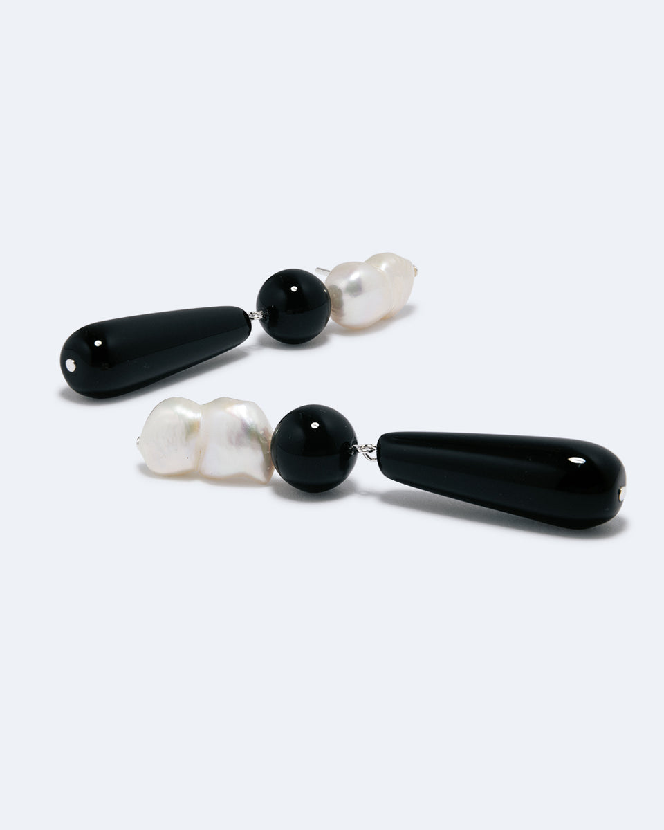 Tarn II - Pearl and Black Onyx Recycled Silver Earrings