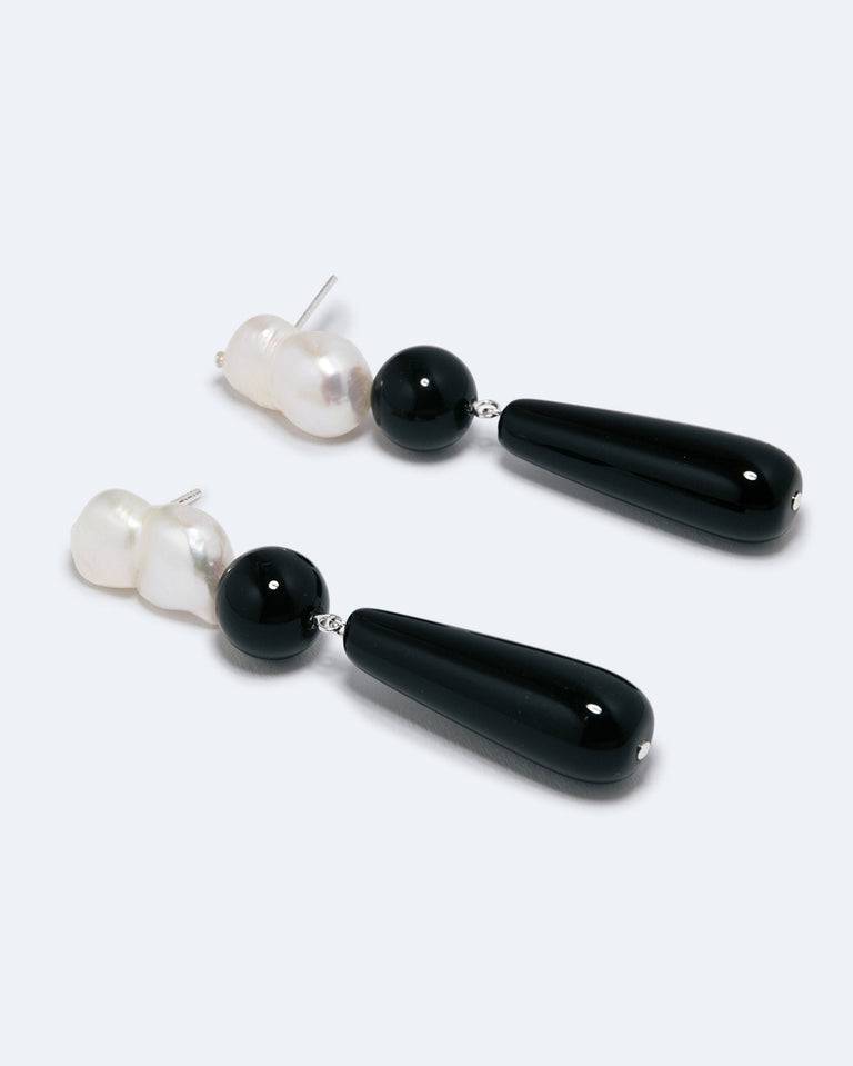 Tarn II - Pearl and Black Onyx Recycled Silver Earrings
