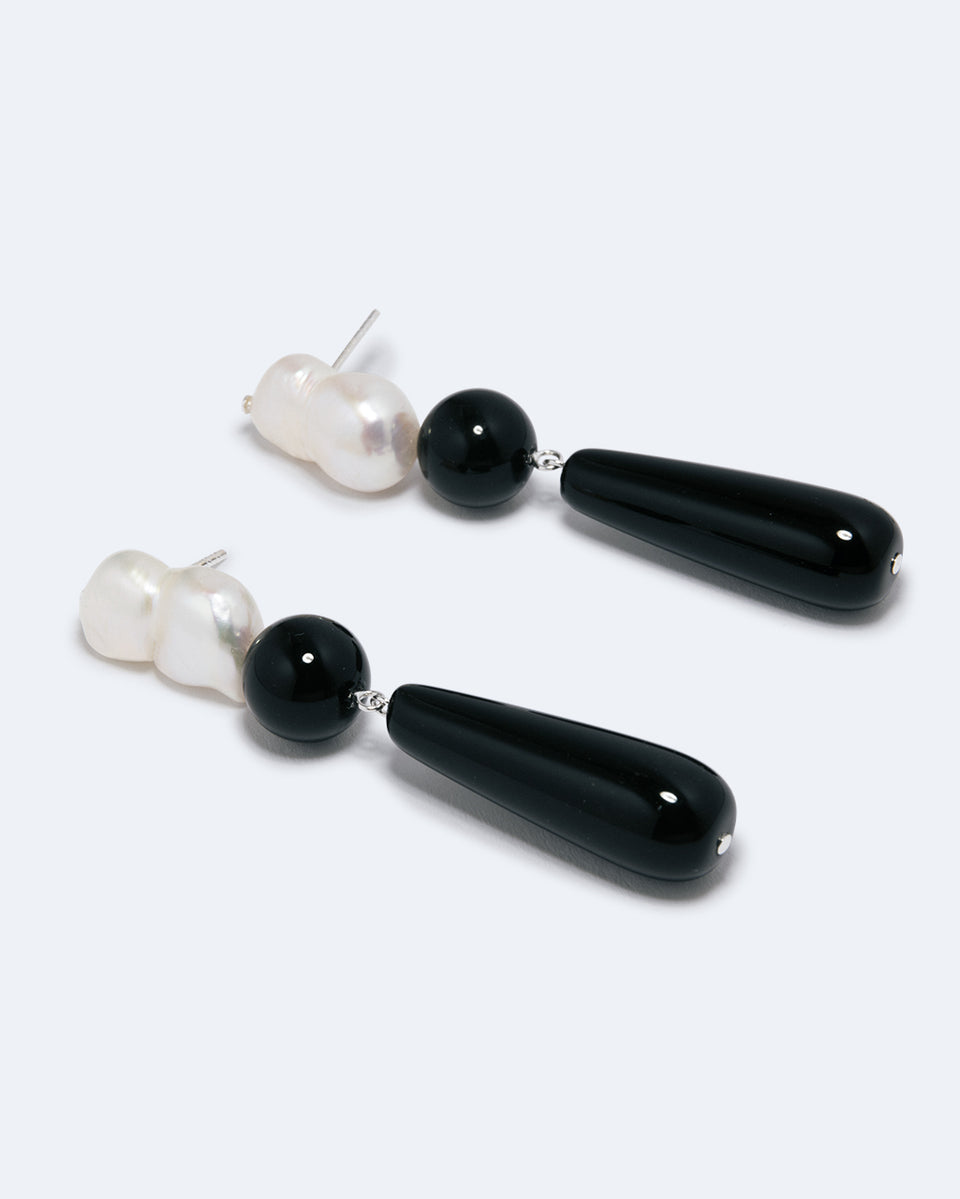 Tarn II - Pearl and Black Onyx Recycled Silver Earrings