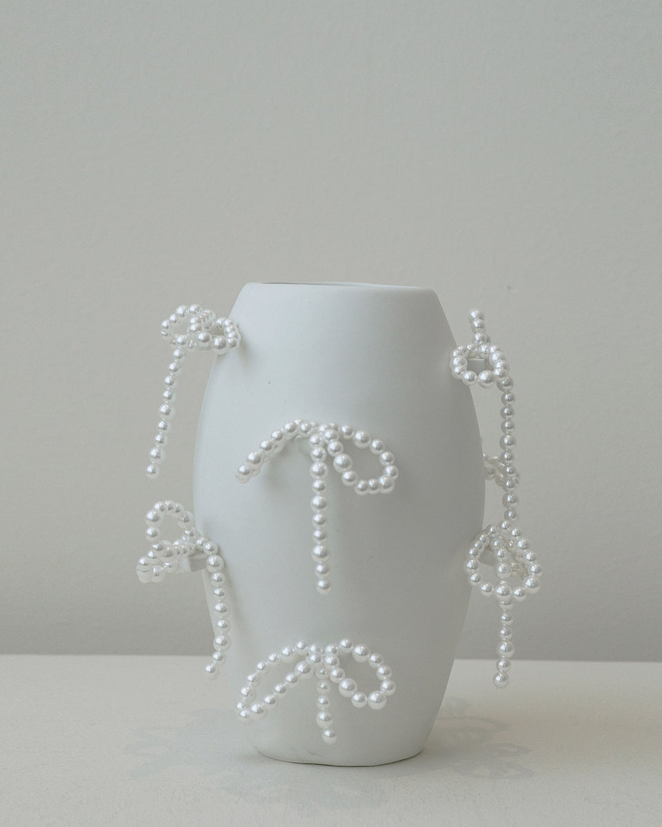 "Notsobig" Power, Corruption, Lies - Small Vase In Matte White w/ Faux Pearl Bows