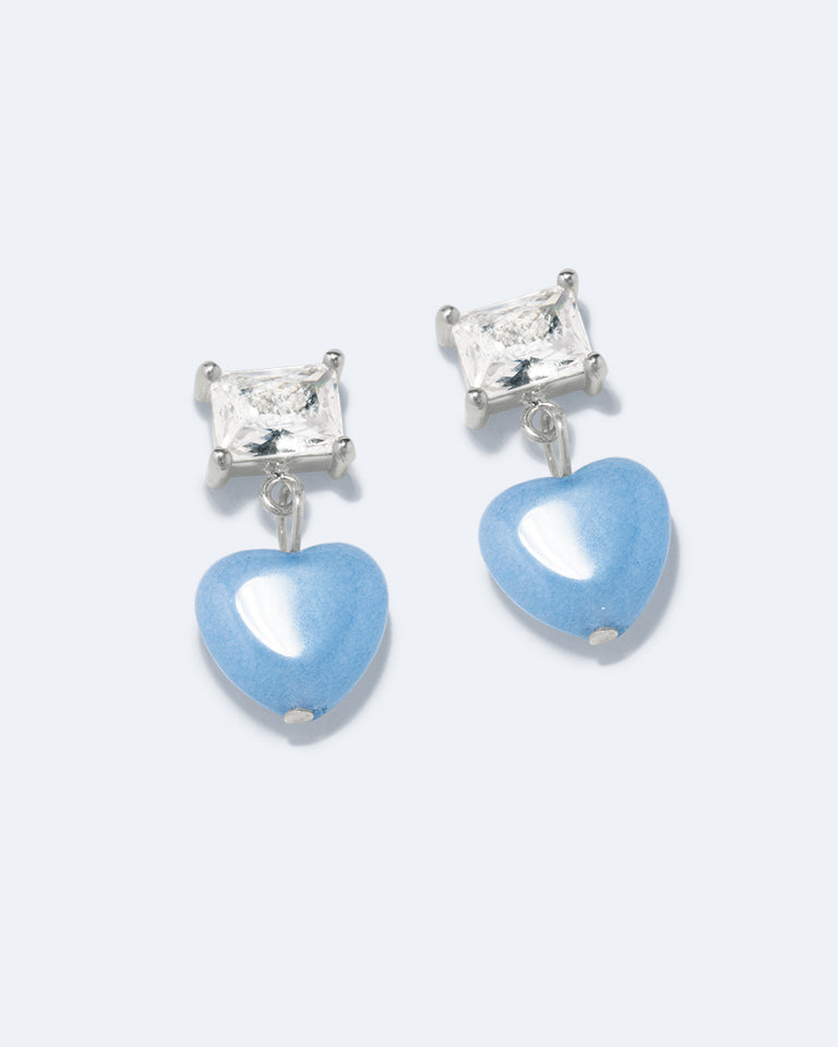 The Heart's Window - Blue Heart Bead and Zirconia Recycled Silver Earrings