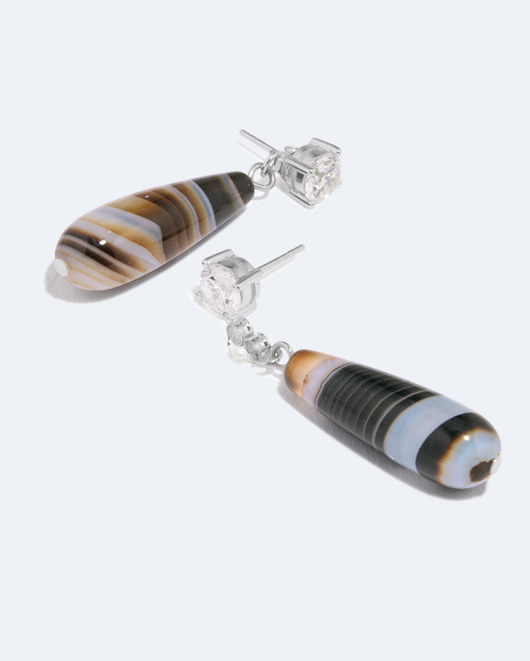 Trace of the Infinite - Banded Agate and Zirconia Recycled Silver Earrings