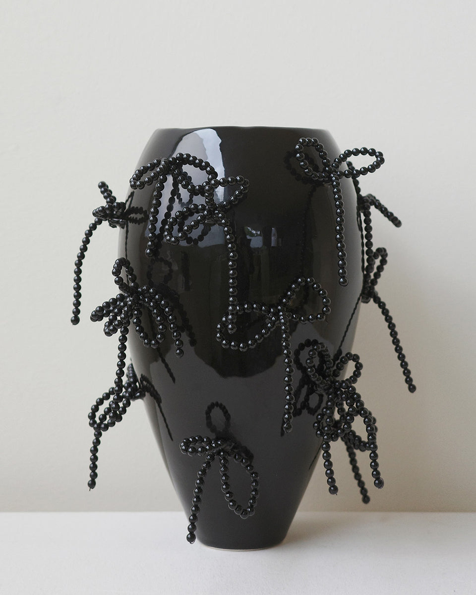 Power, Corruption, Lies - Large Vase In Gloss Black w/ Faux Pearl Bows