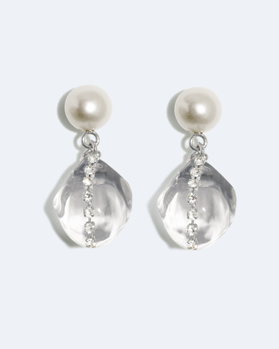 Entre les marées – Boucles d'oreilles plaquées rhodium en résine transparente et strass