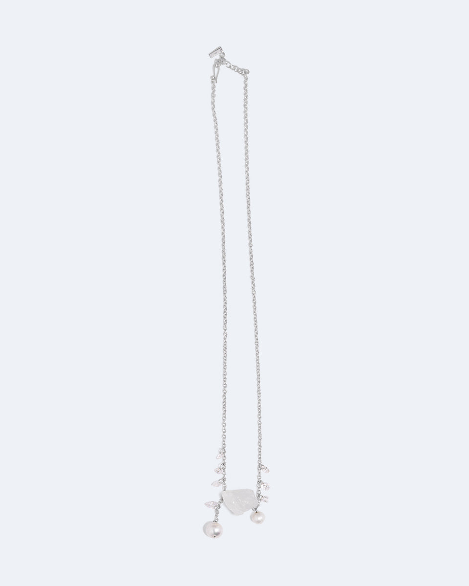 H89 - Collier en argent recyclé perle, oxyde de zirconium et cristal de roche