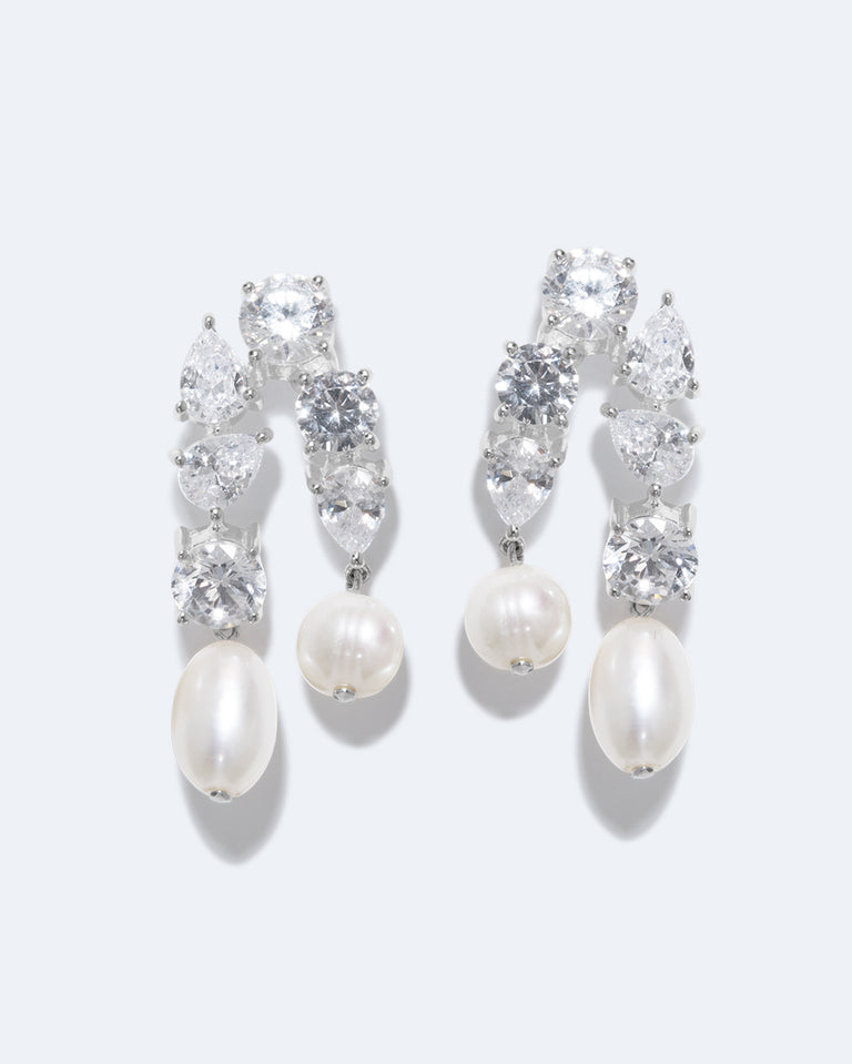 Cascading - Pearl and Zirconia Recycled Silver Earrings
