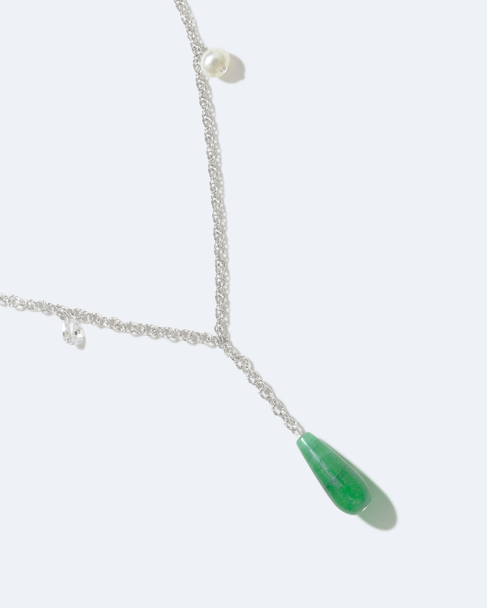 Les Profondeurs du Temps - Collier en Argent Sterling avec Perle, Calcédoine Verte et Zirconia