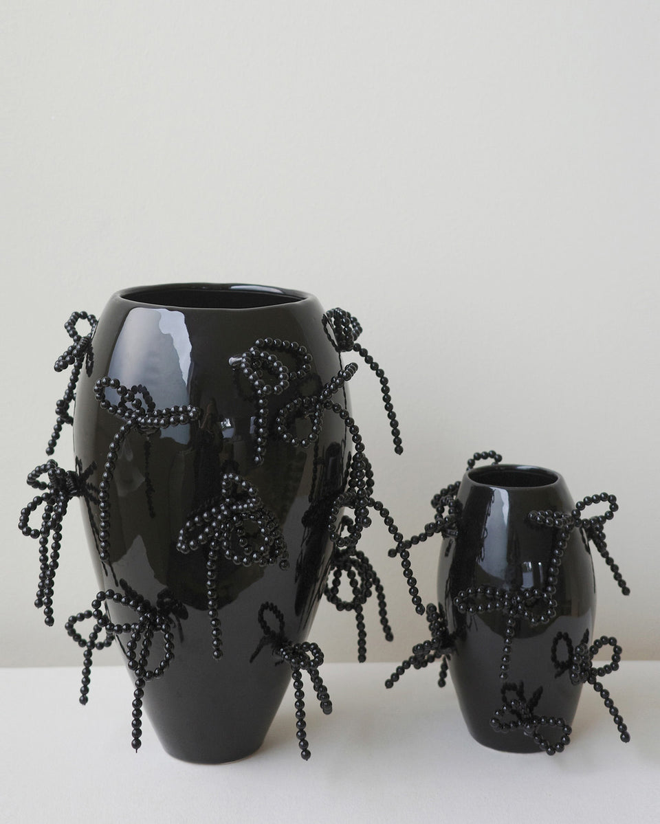 "Notsobig" Power, Corruption, Lies - Small Vase In Gloss Black w/ Faux Pearl Bows