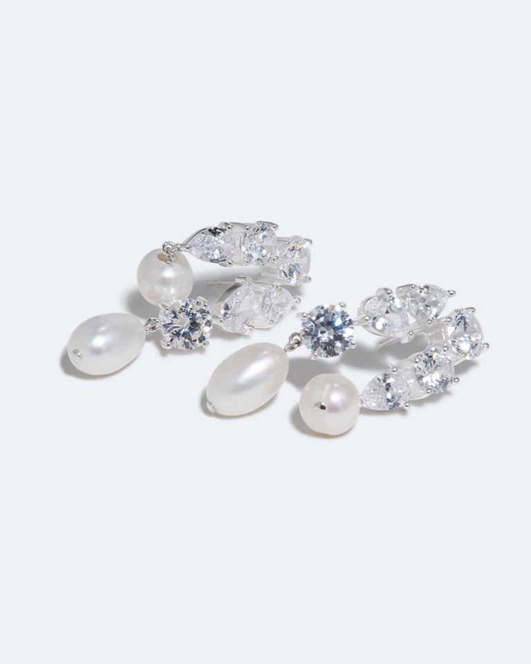 Cascading - Pearl and Zirconia Recycled Silver Earrings