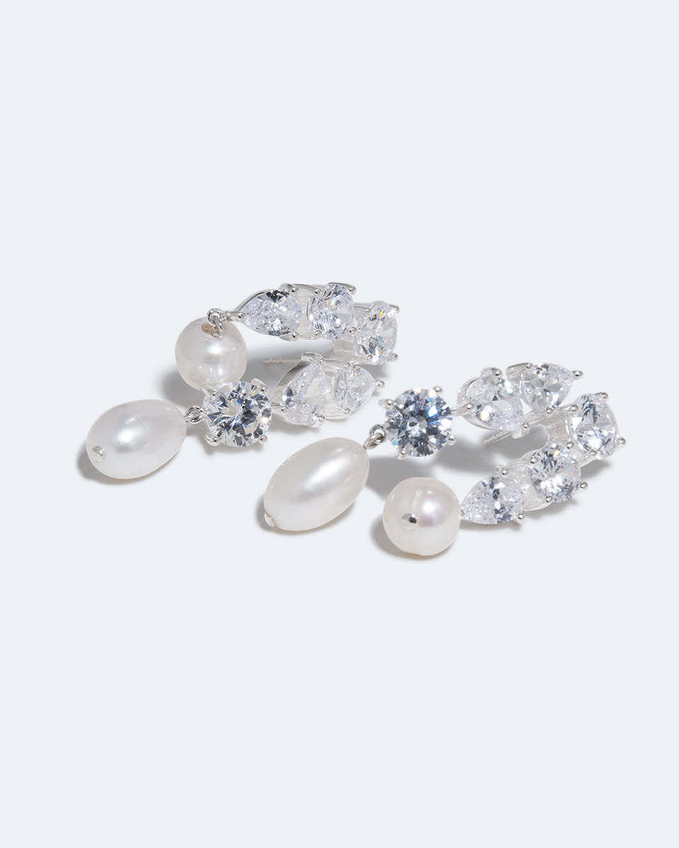 Cascading - Pearl and Zirconia Recycled Silver Earrings